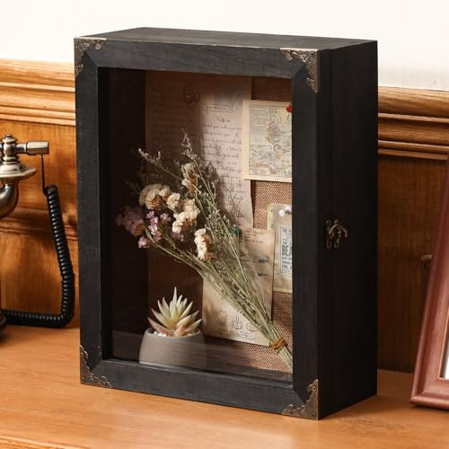 Cinnvoice Shadow Box Depth 4.7in Shadow Boxes Display Cases with Cork Board Backing Rustic Burnt Wood Box for Flowers Bouquet Wedding Picture Photo and Keepsake(Black,11x14 Inch)