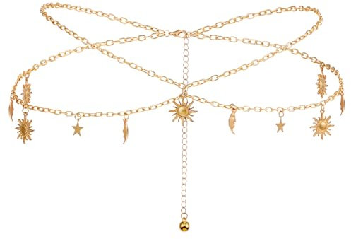 JIEYAO Doppellagige Taille Kette,Sonne Mond Sterne Verstellbare Taillenkette Gold Kettengürtel aus Metall Boho Gold Gürtel Dünne Bundkette Metallkettengürtel Für Damen Kleider Jeans(Gold)