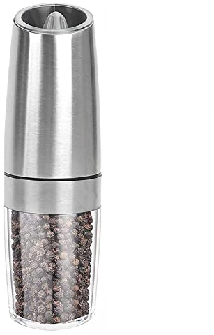 TFixol Elektrisk pepparkvarn, gravi elektrisk salt- och pepparkvarn, rostfritt stål automatisk pepparkvarn, batteridriven med justerbar grovhet, blått ljus, enhandmanövrerad silver