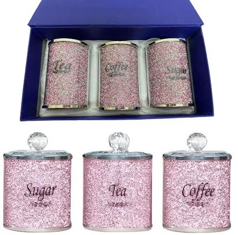 ONE BEST DEAL OBD Pink Glitter Diamond Tea Coffee Sugar Storage Set with Crystal Top Lids Airtight Canisters for Kitchen Counter and Gift Set