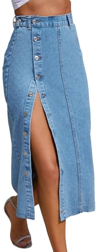 Trendy High Waisted Denim Skirt for Women Button Front Slit Midi Skirt for Ladies Fashion 2025 Summer-Blue-S
