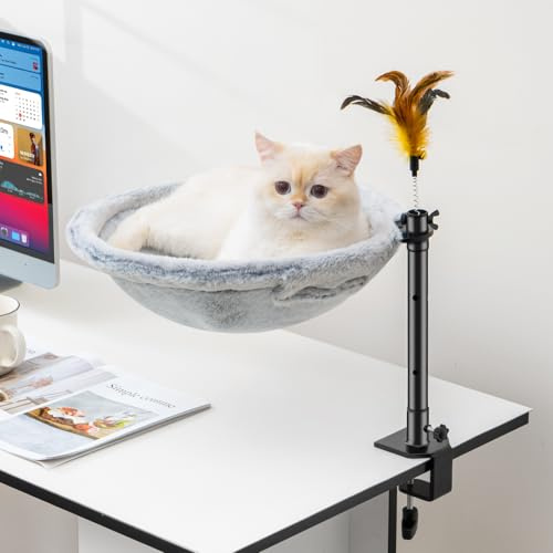 Uross Cat Bed for Desk, 360° Rotatable & Height Adjustable, Soft Cat Hammock with 2 Washable Covers, Cat Sleeping Place for Home Office, All Year Round Use (Grey)