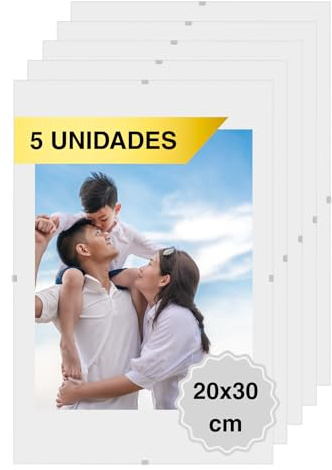 MARCOFOTO Set de 5 Marcos de Fotos – Marco Clip de Cristal sin Marco – Portafotos de Vidrio Transparente con Colgador – Diseno Minimalista para Fotos, Diplomas y Certificados – 20x30 cm