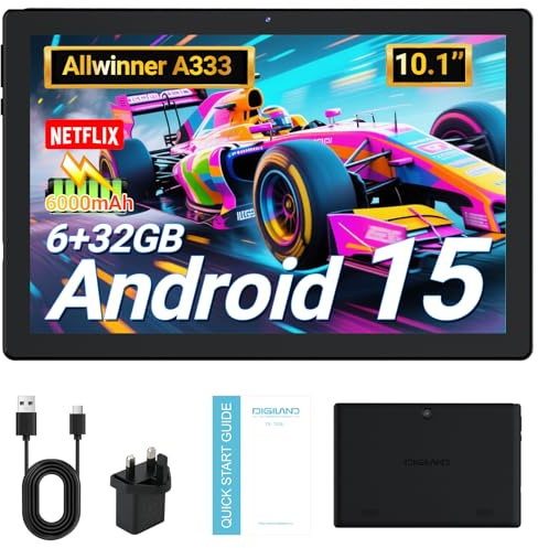 DigiLand 10.1 inch Android 15 Tablet,Octa-Core Processor, OTG, 6GB+32GB+TF Expansion, 1280 * 800 IPS, Support Split-Screen, WiFi 6, BT5.0, Dual Camera 2MP+5MP, 6000mAh,Widevine L1