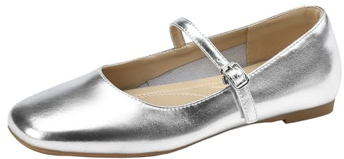 XIEPP läderpumps för kvinnor med platt klack kvadratiskt tåparti Mary Jane flatats med spänne, silver, 33 EU