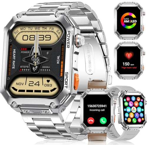 Reloj Inteligente Militar para Hombres ,3 correas 1.91'' Reloj Deportivo con 100+ Modos Deportivos, Monitoreo de Frecuencia Cardíaca 24/7/SpO2/del Sueño, IP68 Impermeable para Android e iOS,plata