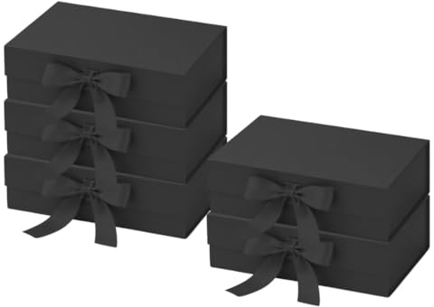 Trendi Premium Gift Box 21×21×9 cm with Bow Ribbon – Medium Luxury Folding Gift Box with Magnetic Closure | Reusable Elegant Present Box for Weddings, Birthdays & Holidays (Black, Medium, Set of 5)