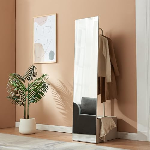 [en.casa] Specchio a Figura Intera con Stand Barra Appendiabiti Specchio Rettangolare da Terra e Vano Porta Oggetti Vestiti per Ingresso Camera da Letto Guardaroba 165x40x51 cm - Avena Oatmeal