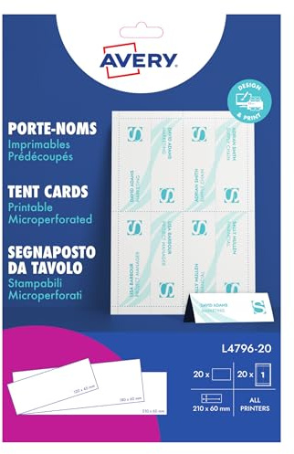 Avery L4796-20 Printable Place/Tent Cards, 1 Card Per A4 Sheet, White