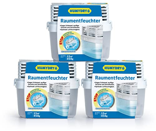 HUMYDRY® Luftentfeuchter 3er-Set Premium 450g | Absorbiert Feuchtigkeit in mittelgroßen Räumen | Sorgt für ein optimales Feuchtigkeitsgrad | Vermeidet Kondensation, Schimmel