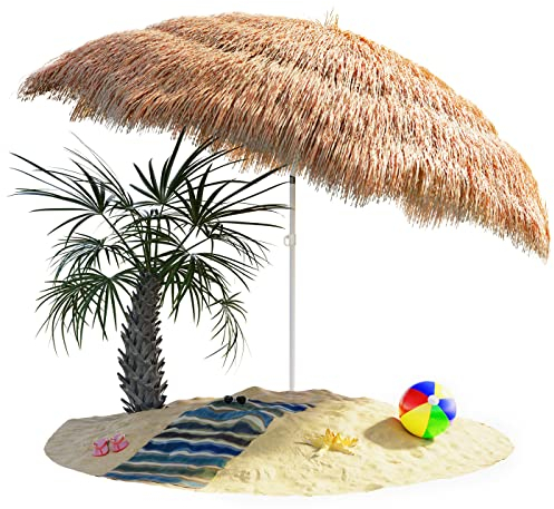 Kingsleeve® Sonnenschirm Hawaii Ø160cm Neigbar Höhenverstellbar UV Schutz 30+ Groß Rund Balkon Strand Strohschirm Strandschirm Bast Hawaiischirm Braun