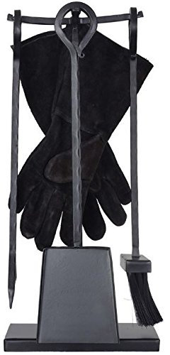 CKB LTD® Traditional Fireside Wood Burner Set Wrought Iron - Includes Shovel, Brush, Poker and Gauntlet Gloves FIREPLACE/FIRESIDE COMPANION SET