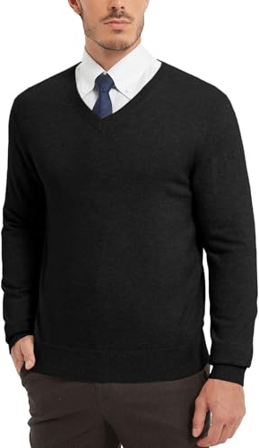 Kallspin Men's Wool Blend V-Neck Sweater Relax Fit Knit Pullover (Black, X-Large)