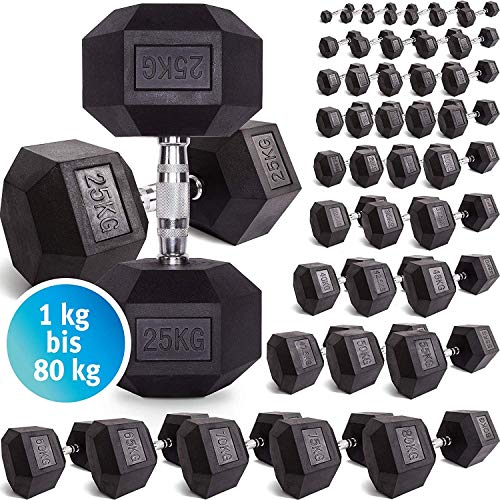 C.P. Sports Hexagon Kurzhantel Gummi 1-60 kg - mit Beschichtung und ergonomischen Chrom-Griff, Kurzhantel, Kurzhantel-Set, Dumbbel, rutschsicher (1kg-Paar)