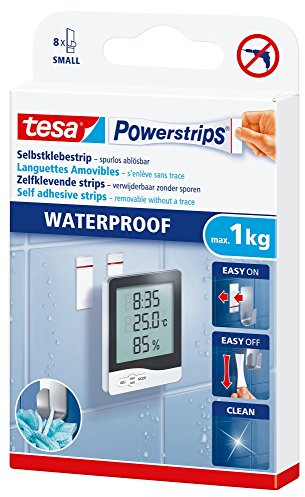 tesa Powerstrips Waterproof Strips SMALL - wasserfeste, doppelseitige Klebestreifen für Küche Bad, bis zu 1 kg Haltekraft - 1 x 8 Streifen
