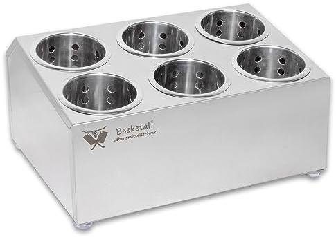 Beeketal 'BBK-6' Profi Gastro Besteckbehälter aus Edelstahl poliert inkl. 6 Köcher zweireihig, entnehmbare Besteck Köcher, Oberfläche leicht abgeschrägt - Abmessung (L/B/H): ca. 385 x 305 x 205 mm