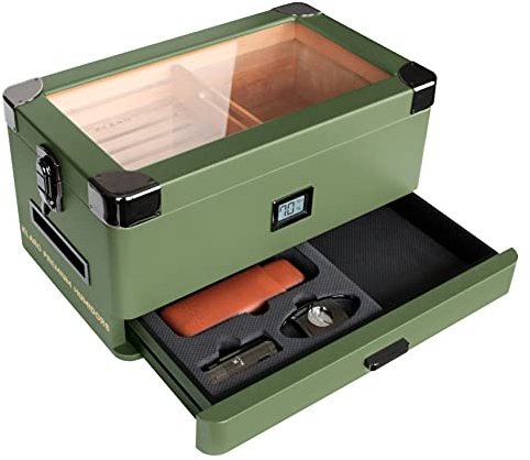 Case Elegance Military Glass Top Humidor, Matte Green with Front Digital Hygrometer, Spanish Cedar, Humidor Solution, Hydro System, and Accessory Foam Drawer - Holds (70-100 sigari) by Klaro