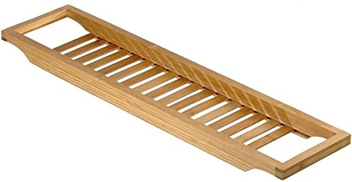 Bathtub Caddy, Wooden Bathroom Rack, 4.5 x 68 x 14.5 cm, Over The Tub Storage Tray, with Rails, 100% Safe Rack Natural Brown (Medium 68cm)
