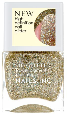 Nails HD Glitter Always Electric, Gold, Metallic, Glossy, No Chip, Long Lasting, Quick Dry, Air Dry, Professional Manicures & Pedicures, Fingernails & Toenails, Vegan Nail Polish, 14 ML