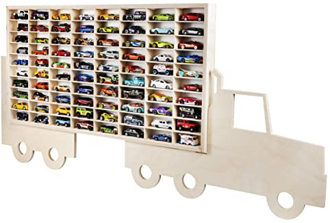 DECOCRAFT Vitrina compatible con Hot Wheels Lorry Design - Estantes de almacenamiento de juguetes con 80 ranuras - Caja de almacenamiento de madera resistente - Diseño moderno