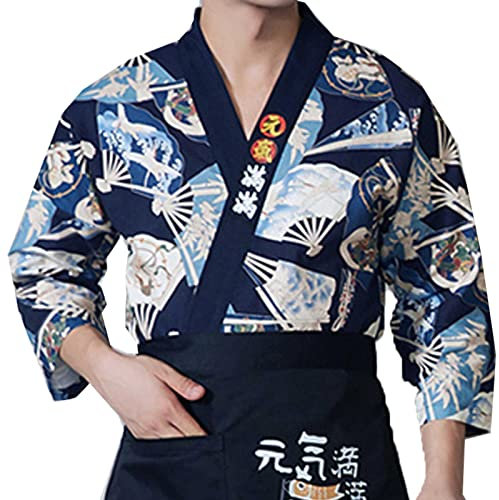 DNJKH Mens Women Fan Printed Sushi Chef Jacket Japanese Kitchen Uniform Restaurant Workwear Kimono Cardigan