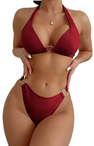 SweatyRocks Women's Ring Linked Halter Push Up Bikini Swimsuit High Stretch Bathing Suit Swimwear Set Swimming Suit Two Piece Burgundy L