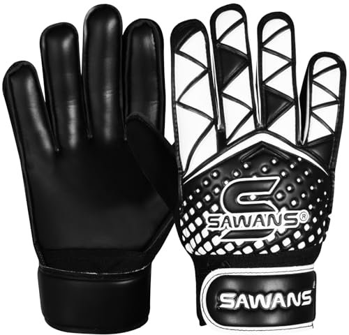 SAWANS Fußball-Torwarthandschuhe für Jungen, Kinder, Jugendliche, Trainingshandschuhe, Fußball-Torwarthandschuhe, Handgelenkschutz (Schwarz, Size 4 Suitable for 6 to 9 Years Old)