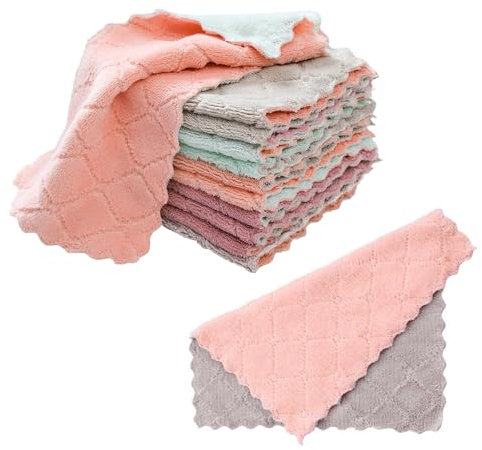 TYGFRT 12 Pieces of Coral Velvet Rags, Kitchen Cleaning Cloths, Microfiber Cloths, Absorbent and Oil-Removing Rags, Reusable Dish Towels, Double-Sided Scouring Pads