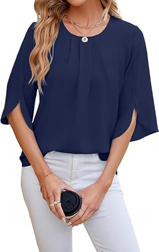 Haibang Blusas Mujer Verano Elegantes Camisa Mujer de Manga 3/4 Top Plisado con Cuello Redondo Holgada Ligero Camiseta Manga Corta Casual Túnica Color Sólido Camisa de Gase