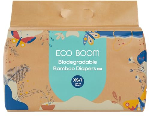 ECO BOOM Joy Bamboo Viscose Baby Diapers, Size 1 (Up to 10 lbs), 34 Count