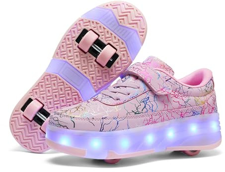 Mateju Chaussures à roulettes Garçons Filles, Patins à roulettes Mode Enfants avec 4 roulettes Rétractables, Chaussures de Sport Skateboard 2 en 1 Adolescents Extérieur