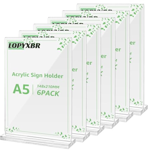 LOPYXBR 6 Stück Tischaufsteller A5, 210x148 mm Aufsteller A5, Acryl Aufsteller A5, Transparenter Kunststoff Display Rack für Hochzeit, Restaurants, Cafés, Menükarte