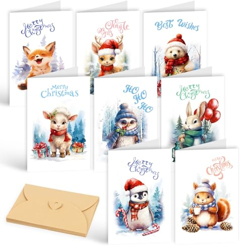 SULOLI Lot de 16 Cartes de Noël avec Enveloppe Blanc– 8 Motifs Différents, Cartes de Vœux Noël Cartes Pliantes,Remerciement Joyeux Noel (Animaux Mignons)