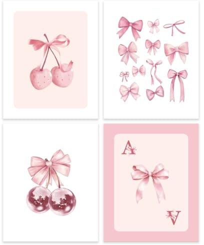GOMAKERER 4pz Stampe Artistiche Da Parete con Fiocco Rosa Coquette, Estetica di Decorazione Degli Ambienti Poster Decorativo da Parete con Fiocco Rosa e Ciliegia per Camera, Dormitorio (Senza Cornice)