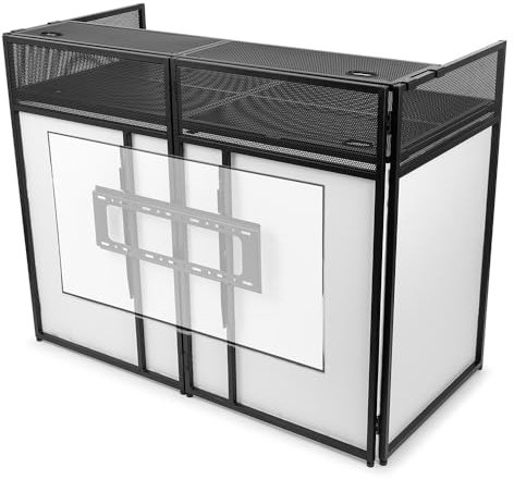 Vonyx DB6 Cabina de DJ Profesional con Soporte de TV - Hasta 25 Kg, Pantalla de 65'', Licra Blanca o Negra Incluida, Bolsa de Transporte, un Sistema Completo e Ideal para DJ Profesionales, DJ Móviles