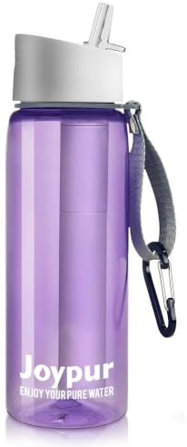 Joypur Gourde filtrante eau non potable Bouteille d'eau extérieure avec filtre 650 ml Filtre à eau de survie avec 5 couches de matériaux filtrants pour le sport Camping Randonnée,Violet