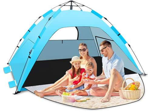 Strandmuschel Pop Up,Tonfarb Quick Up Strandzelt,Automatische Instant Pop Up Strandzelt mit 3 Erweiterbarer Veranda, UPF 50+ Easy Setup Strandmuschel für Strand, Familie, Garten, Camping-Blau