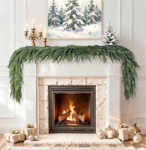 2 Pcs 6 Ft Christmas Garland Real Touch Norfolk Pine Garland Christmas Decorations Faux Realistic Winter Pine Garlands for Mantle, Table, Stairs, Doorframe, Fireplace Indoor Outdoor Holiday Xmas Decor
