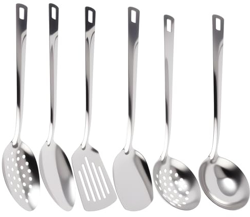 6 Piezas Utensilios de Cocina Acero Inoxidable, Cucharones de Cocina, Cooking Utensils Set, Incluye Cuchara Afilada, Cucharas Coladora, Espátula Freír, Espátula Sartén, Cuchara Sopa, Colador Sopa