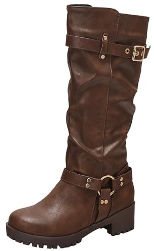 XIEPP Bottes mi-mollet pour femmes de loisirs avec boucle métallique et enfiler, Idéal pour les tenues d'hiver, marron, 41 EU