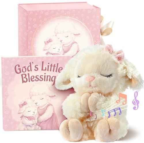 Baptism Gifts for Girl, Catholic Christening, Baby Dedication & Baptismal Gift Set for Baby Girls & Kids - with 9 Musical Praying Lamb Plush Toy & God's Little Blessing Book in Keepsake Box