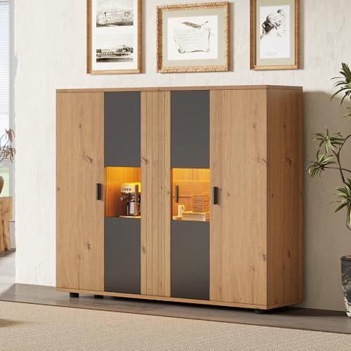 Merax Vitrina de cristal con LED, moderno armario alto con 4 puertas, estantes ajustables, vitrina coleccionable, estantería de pie para salón, oficina, 113 cm, color madera y negro
