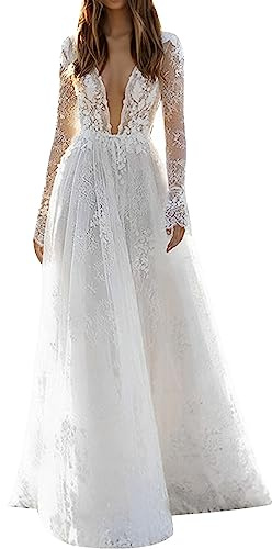 Generisch Vestido de novia para mujer, con encaje, escote profundo, manga larga, vestido de vacaciones, vestido de noche, Blanco, L