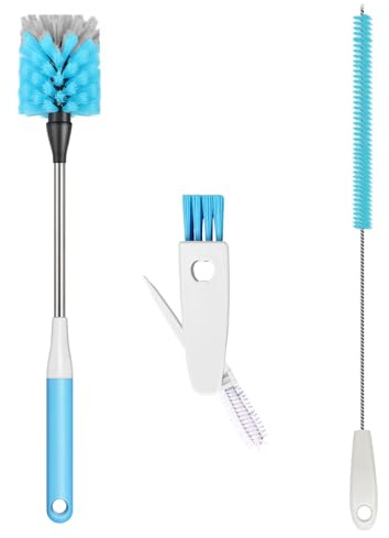 Ensemble de 3 brosses à Bouteilles, Longueur 38 cm, kit de brosses de Cuisine avec Nettoyeur de Paille et Brosse pour Couvercle, Convient aux Bouteilles d'eau, Verres, biberons, Bleu