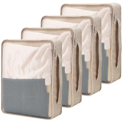 Nagoyuki 4 cubos de embalaje grandes, 40 x 30 x 12 cm, bolsas organizadoras de maletas del mismo tamaño, cubos de embalaje expansibles compresibles para maleta, equipaje, práctico ayudante (beige)