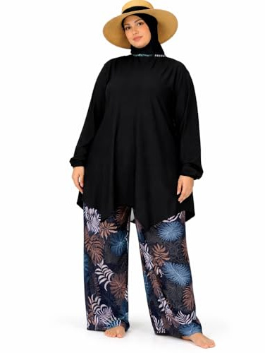 Burkini Femme Grande Taille – Maillot de Bain Modeste 4 Pièces avec Hijab – Tenue de Bain Islamique Haut Long Pantalon Large (FR/ES, Alpha/Lettres, 4TG, Grande Taille, Taille Normale, Noir)