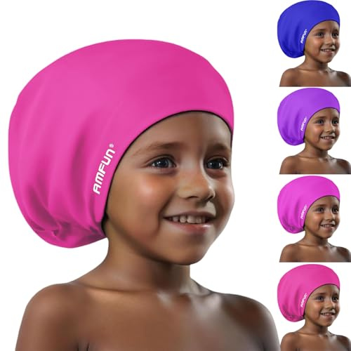 AMFUN Kids Swimming Cap,Silicone Swim Cap, Waterproof Anti Slip Stretchable Ear Protection, Odour Free Chlorine Resistant Comfort Fit for Pool Beach Swimming