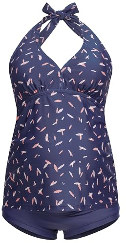 Herzmutter Neckholder - Halterneck Tankini för Moderskap - Tvådelad Baddräkt För Gravida Kvinnor - Moderskap Badkläder Set - Överbyxor - Trendiga mönster - UV 50-skydd - 7100 (XL, Blå fjädrar)