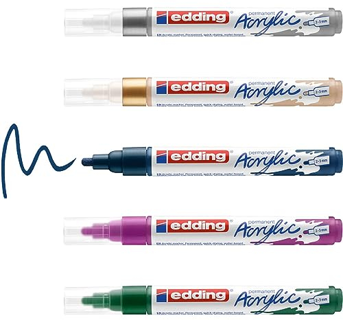 edding 5100 Acrylmarker - grün violett blau silber gold - 5 Acrylfarben Set (festlich) - Rundspitze 2-3 mm - Acryl Farben zum Malen auf Leinwand, Holz, Steine - Acrylstifte für Steine wasserfest