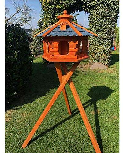 DARLUX Handgefertigtes Sechseck Vogelhaus aus Holz wetterfest M - XL mit und ohne Ständer I Futterhaus I Futterhäuschen I wetterfest I Bitumdach (Größe XL mit Ständer, Blau - Braun)